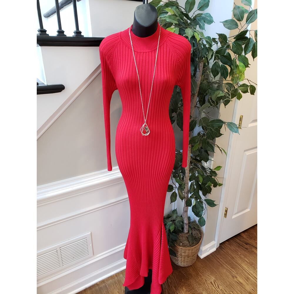 Swank A Posh Long Maxi Dress Womens Medium Red Knitted Long Sleeve Mock Neck